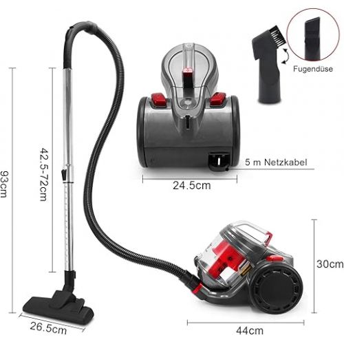  SUPERLEX Bagless Cylinder Vacuum Cleaner, 700 W Cyclone Lightweight Vacuum Cleaner, 2.5 L Capacity with HEPA Filter, for Carpets, Pet Hair and Dust, 5 m Wire