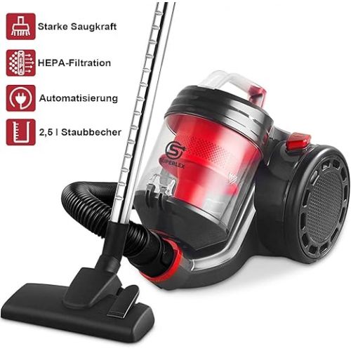  SUPERLEX Bagless Cylinder Vacuum Cleaner, 700 W Cyclone Lightweight Vacuum Cleaner, 2.5 L Capacity with HEPA Filter, for Carpets, Pet Hair and Dust, 5 m Wire
