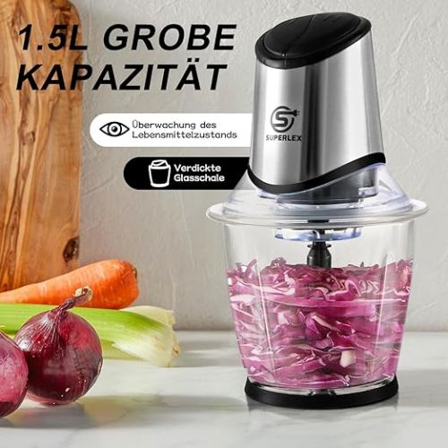  SUPERLEX 2-in-1 Electric Kitchen Chopper with Glass Container and Lid, 1.5 L Vegetable Chopper, Mixer, Multi- and Universal Chopper for Vegetables, Fruits and Meat