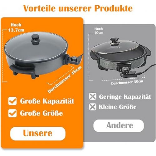  SUPERLEX Multifunctional Pan 9.6 Litres, Electric Multi Pan with Lid 42 x 9 cm 1500 Watt, Electric Pizza Pan, Electric Party Pan