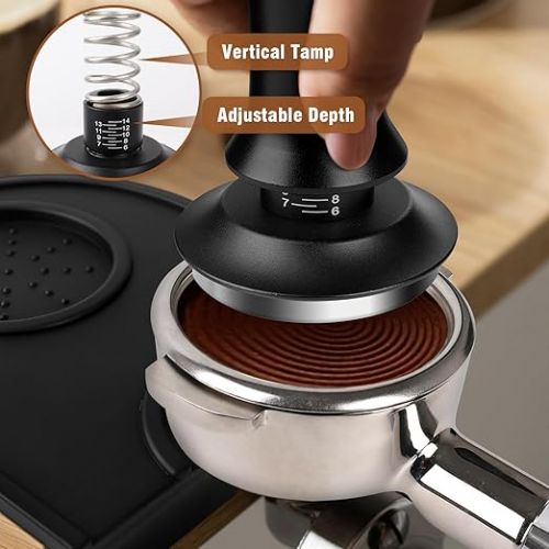  Coffee Tamper 51 mm Set, Upgraded Espresso Tamper Set Including WDT Tool, Dosing Ring 51 mm, Tamper Mat, Pressure-Regulating Tamper Base Ripple Made of Stainless Steel with 30 lbs Contact Pressure for