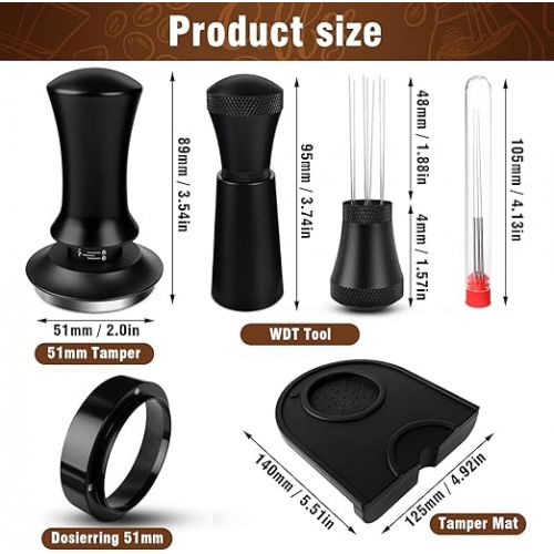  Coffee Tamper 51 mm Set, Upgraded Espresso Tamper Set Including WDT Tool, Dosing Ring 51 mm, Tamper Mat, Pressure-Regulating Tamper Base Ripple Made of Stainless Steel with 30 lbs Contact Pressure for