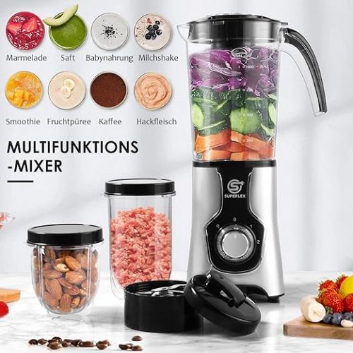  SUPERLEX Electric Smoothie Maker and Stand Mixer Set, Multifunctional Stand Blender for Juicing, Grinding, Ice Crushing, Mixer with Bottle Lid for Kitchen, Portable Travel BPA Free