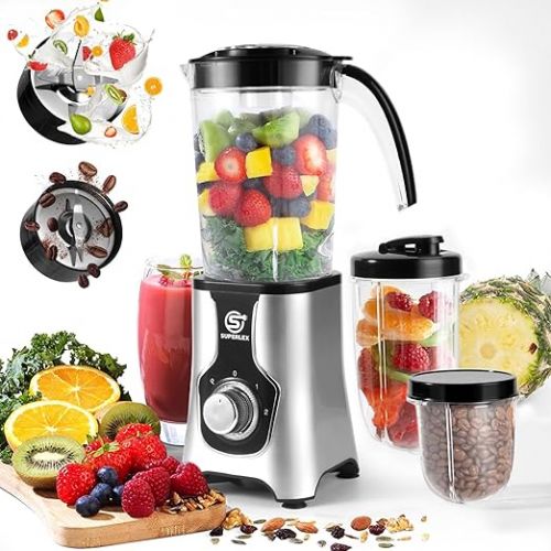  SUPERLEX Electric Smoothie Maker and Stand Mixer Set, Multifunctional Stand Blender for Juicing, Grinding, Ice Crushing, Mixer with Bottle Lid for Kitchen, Portable Travel BPA Free