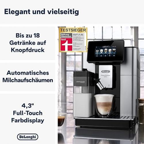  De'Longhi PrimaDonna Soul Perfetto ECAM 612.55.SB Fully Automatic Coffee Machine with LatteCrema Milk System & Bean Adapt Technology, Exclusive to Amazon, 18 Recipes, with Colour Display & App Control, Silver