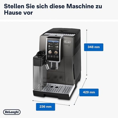  De'Longhi Dinamica Plus ECAM380.95.TB Fully Automatic Coffee Machine with LatteCrema Milk System, One-Touch Cappuccino, with 24 Recipes, 3.5 Inch TFT Colour Display, 1450 W, Titanium/Black