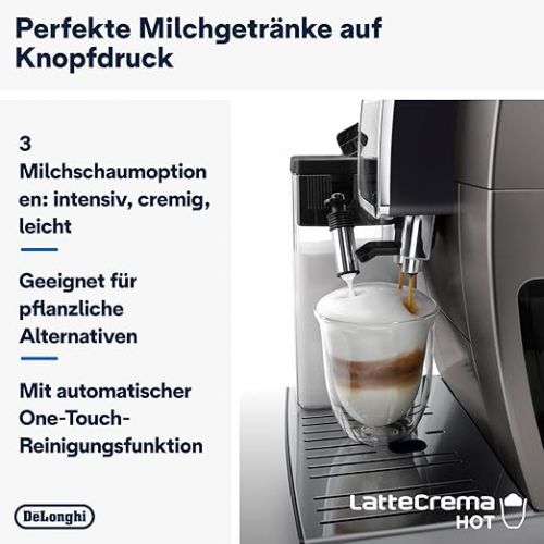  De'Longhi Dinamica Plus ECAM380.95.TB Fully Automatic Coffee Machine with LatteCrema Milk System, One-Touch Cappuccino, with 24 Recipes, 3.5 Inch TFT Colour Display, 1450 W, Titanium/Black