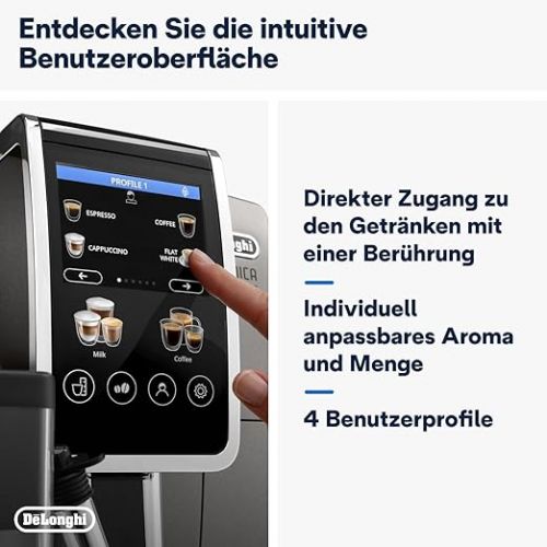  De'Longhi Dinamica Plus ECAM380.95.TB Fully Automatic Coffee Machine with LatteCrema Milk System, One-Touch Cappuccino, with 24 Recipes, 3.5 Inch TFT Colour Display, 1450 W, Titanium/Black