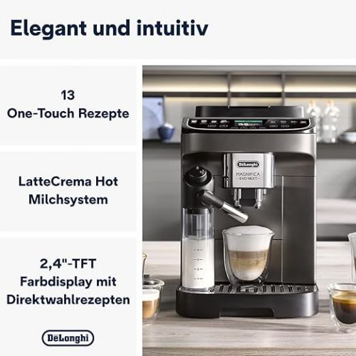  De'Longhi Magnifica Evo Next ECAM312.80.TB - Fully Automatic Coffee Machine with Soft Touch Display & LatteCrema Milk System, 7 Direct Dial Buttons (Cappuccino, Espresso, Latte Macchiato), 2-Cup