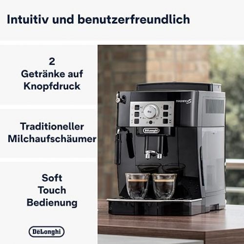  De'Longhi Magnifica S ECAM 22.110.B fully automatic coffee machine with milk frother for cappuccino, with espresso direct selection buttons and rotary control, 2-cup function, 1.8 liter water tank, black / silver