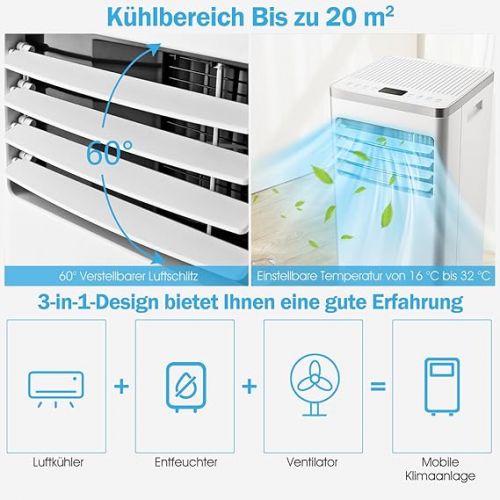  GOPLUS Mobile Klimaanlage mit Abluftschlauch, 4 in 1 mobiles Klimagerat mit Kuhlen&Entfeuchten&Beluften&Schlafmodus | 7000BTU Air Conditioner | Raumgroße bis 60 m³(20 m²) | 24H-Timer | Fernbedienung