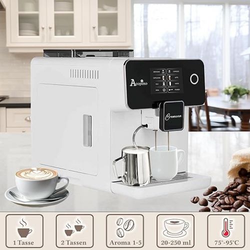  Acopino Cremona One Touch Fully Automatic Coffee Machine and Espresso Machine with Milk System, White