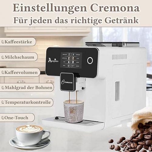  Acopino Cremona One Touch Fully Automatic Coffee Machine and Espresso Machine with Milk System, White