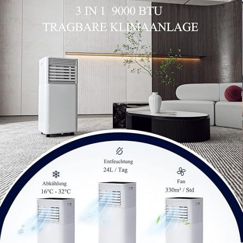  GOPLUS 3-in-1 Mobile Air Conditioner, Air Conditioner with Air Cooler, Fan & Dehumidifier, Air Conditioner with Remote Control, LED Display, 24-Hour Timer, Sleep Mode, up to 20㎡ (9000BTU, Black Roof)