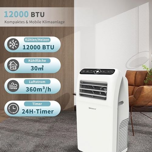  SHINCO Mobile Air Conditioner with Exhaust Hose, 12000BTU, Cooling, Heating, Ventilating and Dehumidifying, Mobile Air Conditioner with Window Mounting Kit, 24H Timer, App, for Rooms of About 90 m³