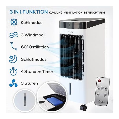  TroniTechnik® LK04 Air Conditioner without Exhaust Hose, 3-in-1 Air Cooler, Quiet Fan, Humidifier & Night Mode, Mobile Air Conditioner with Water Cooling, Air Cooler 80 Watt, Air Flow 310 m³/h