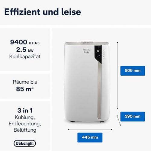  De'Longhi Pinguino PAC EX93 Mobile Air Conditioner with Exhaust Hose, 60 dB(A), Whisper Technology, Very Quiet, Air Conditioning for Rooms up to 85 m3.3 Fan Speeds, Dehumidification Function, White