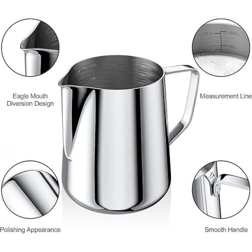  Set of 2 Milk Jugs Stainless Steel, 150 ml/350 ml Frothing Jug, Milk Frothing Jug with Measurement Mark, for Cappuccino, Latte Art, Espresso