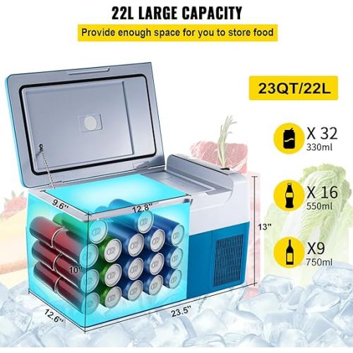  VEVOR Refrigerator, Portable, 22L Car Fridge Compressor Cool Box, Stainless Steel, Holiday Insulated Box, Mini Fridge Cool Box, Car and Socket