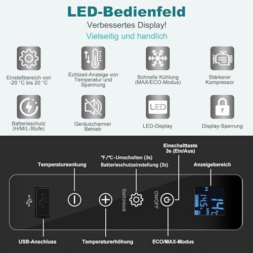  WOLTU Kompressor Kuhlbox Auto, Camping Kuhlschrank 22 L, Kuhlbox elektrisch 12 V 230 V, Gefrierbox mit LED-Display USB-Anschluss, tragbare Autokuhlbox elektrisch Gefrierschrank, schwarz+weiß
