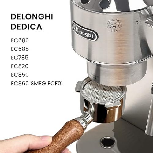  Bottomless Portafilter 51 mm with Espresso Puck Screen, Filter Holder 51 mm Compatible DeLonghi Dedica EC680/EC685, Portafilter with Stainless Steel Coffee Puck Strainer, Filter Basket, Wooden Handle