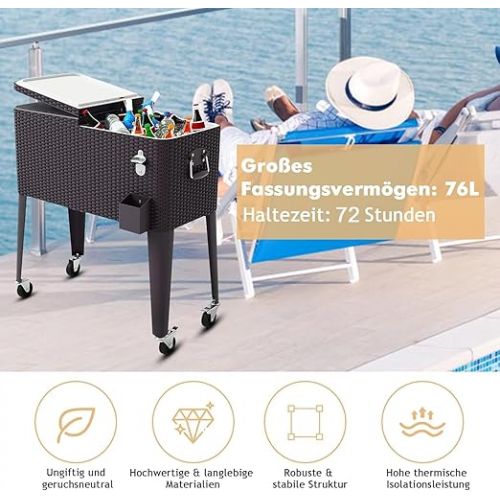  COSTWAY 76L Cooling Trolley, Side Trolley, Cool Box Serving Trolley with Wheels, Cooling Container Drinks Trolley, Rolling Drinks Cooler for Outdoor Patios Party (Black)