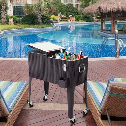  COSTWAY 76L Cooling Trolley, Side Trolley, Cool Box Serving Trolley with Wheels, Cooling Container Drinks Trolley, Rolling Drinks Cooler for Outdoor Patios Party (Black)