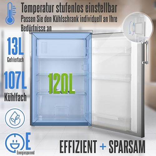  HEINRICHS Drinks Fridge 120 L Small Compact Quiet: 40 dB with Freezer Compartment (13 L) MiniBar, Table Fridge, Mini Fridge with Freezer, Suitable for Office, Camping, Garden, Outdoor, Heinrich´s inox