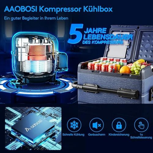  AAOBOSI Compressor Cool Box 45 L, Car Cool Box with USB Connection, Two Zones and Double Doors, Electric Cool Box up to -20 °C for Car, Truck, Boat, Motorhome, Camping
