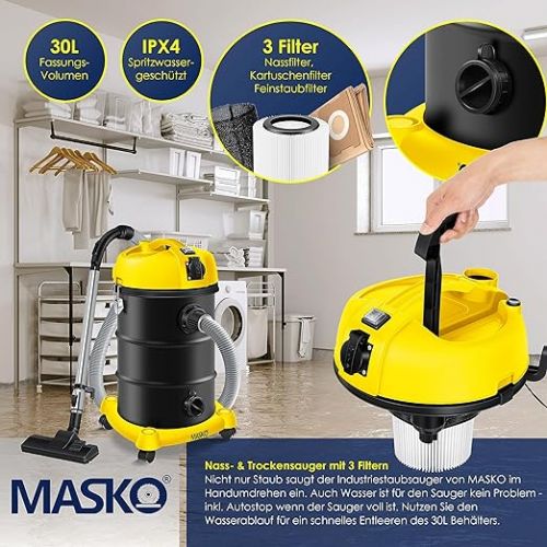  Masko® 6in1 Industrial Vacuum Cleaner Wet Dry Ash Vacuum Cleaner 2300 W + Socket. Blowing Function. Dry and wet vacuuming - industrial vacuum cleaner with and without bags - bagless., yellow