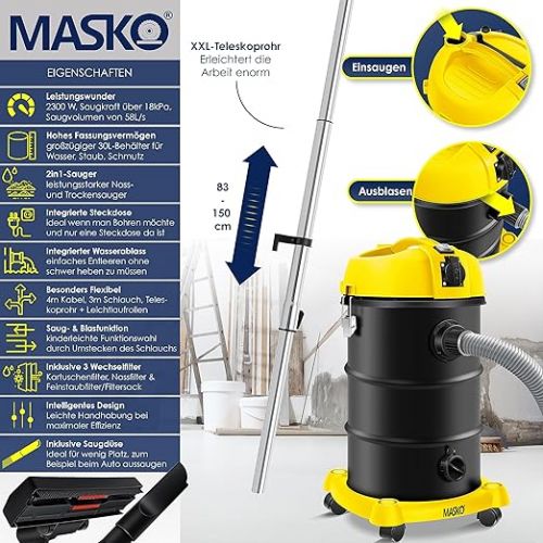  Masko® 6in1 Industrial Vacuum Cleaner Wet Dry Ash Vacuum Cleaner 2300 W + Socket. Blowing Function. Dry and wet vacuuming - industrial vacuum cleaner with and without bags - bagless., yellow