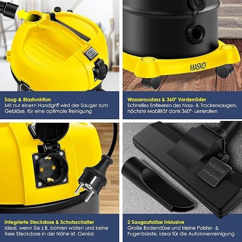  Masko® 6in1 Industrial Vacuum Cleaner Wet Dry Ash Vacuum Cleaner 2300 W + Socket. Blowing Function. Dry and wet vacuuming - industrial vacuum cleaner with and without bags - bagless., yellow