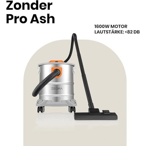  Zeegma ZONDER PRO ASH Dry Vacuum Cleaner for Ash and Rubble, Industrial Vacuum Cleaner 1600 W, Stainless Steel Container 20 L, HEPA Filter, Blow Function Cable 5 m