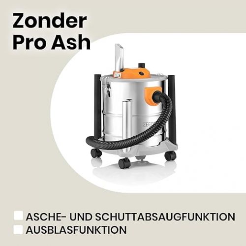  Zeegma ZONDER PRO ASH Dry Vacuum Cleaner for Ash and Rubble, Industrial Vacuum Cleaner 1600 W, Stainless Steel Container 20 L, HEPA Filter, Blow Function Cable 5 m