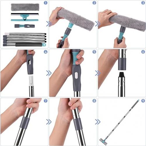  2-in-1 Window Wiper, Jubor Professional Window Cleaner with Telescopic Handle, Telescopic Window Squeegee from 23 to 200 cm, Glass Cleaning Tools for High Windows Indoor and Outdoor Use