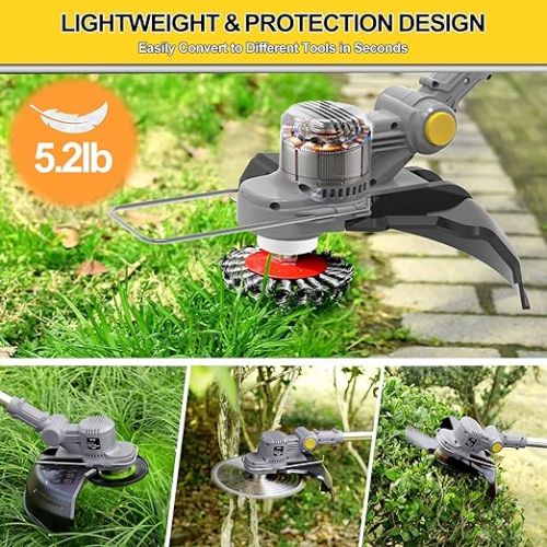  Battery Grass Trimmer with Battery Brush Cutter with Weed Brush 4 in 1 Brushless Grass Trimmer with Knife Electric Brush Cutter with 2 21 V 4.0 Ah Batteries and Charger Telescopic Tube, 90° Swivel,