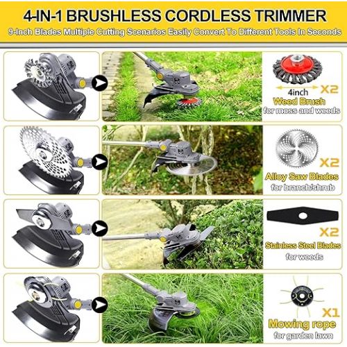  Battery Grass Trimmer with Battery Brush Cutter with Weed Brush 4 in 1 Brushless Grass Trimmer with Knife Electric Brush Cutter with 2 21 V 4.0 Ah Batteries and Charger Telescopic Tube, 90° Swivel,