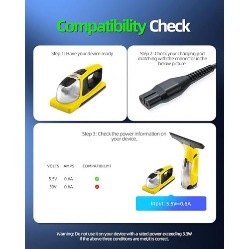  Charging Cable Charger for Karcher Window Vacuum Cleaner WV2, WV5, WV1, KWI 1, KV4, WV2Plus, WV5 Premium, WV45, WV52, WV55, WV60, WV70, WV75, WV75 Plus, WV Classic, WV Easy Window Cleaner Cable Power