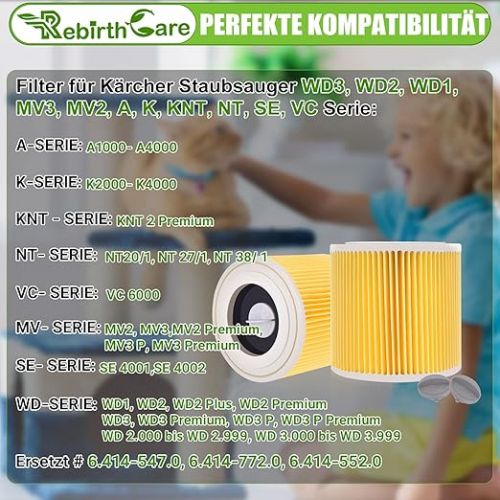  Rebirthcare WD3 Filter for Karcher WD3 Premium WD2 WD3 WD3P WD1 MV2 MV3 A2004 A2604 A2204 A2054 SE4001 SE4002 Cartridge Filter Replacement Filter Vacuum Cleaner Filter for Karcher 6.414-552.0/64145