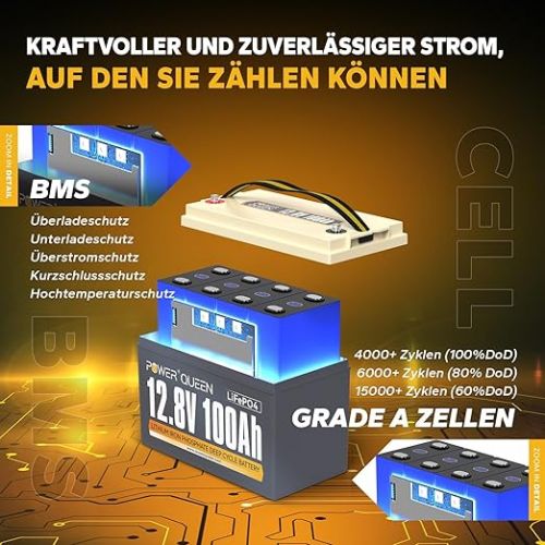  Power Queen 12.8 V, 100 Ah LiFePO4 Lithium Battery, 1280 Wh Lithium Battery with 100 A BMS, 4000+ Charge Cycles, Can Be Connected in Series/Parallel, Perfect as Power Source for Motor Homes, Boats