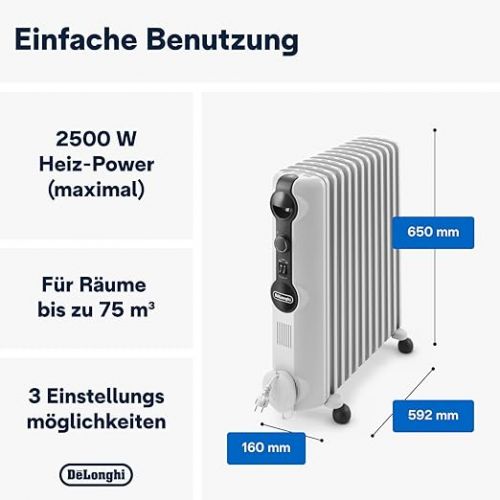  De'Longhi Olradiator TRRS1225 Radia-S Serie - elektrischer energiesparender Heizkorper mit 12 Rippen fur Raume bis 75m³, 3 Heizstufen, Sicherheitsthermostat, Frostschutzfunktion, Raumthermostat, grau