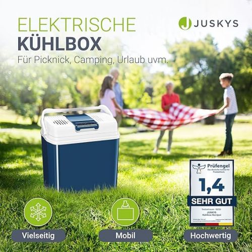  Juskys Electric Cool Box 24 Litres 12 V / 230 V for Car, Truck, Motorhome, Camping - Mini Fridge Cold & Warm - Thermoelectric Box - Blue