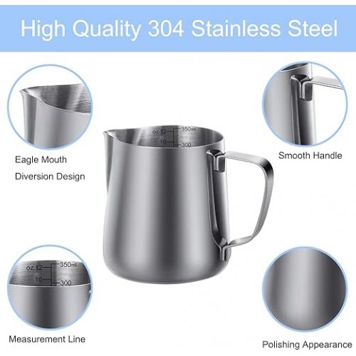  Nutabevr 350 ml Milk Frothing Jug Latte Cup, 304 Stainless Steel Handheld Frothing Jug, with Measurement Mark and Latte Art Pen, for Espresso, Milk Frother, Coffee, Latte Art, Coffee Lover