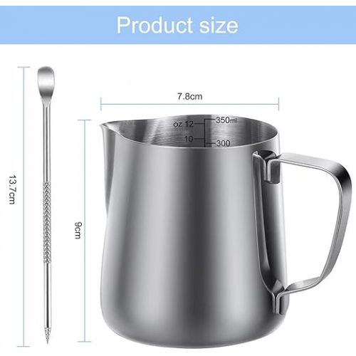  Nutabevr 350 ml Milk Frothing Jug Latte Cup, 304 Stainless Steel Handheld Frothing Jug, with Measurement Mark and Latte Art Pen, for Espresso, Milk Frother, Coffee, Latte Art, Coffee Lover