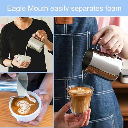  Nutabevr 350 ml Milk Frothing Jug Latte Cup, 304 Stainless Steel Handheld Frothing Jug, with Measurement Mark and Latte Art Pen, for Espresso, Milk Frother, Coffee, Latte Art, Coffee Lover