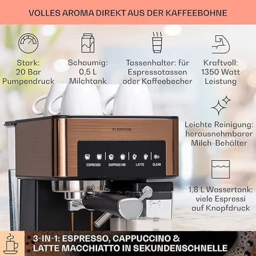  Klarstein Espresso Portafilter Machine with Milk Frother, 1.8 L Mini Espresso Machine with Portafilter, 20 Bar Stainless Steel Coffee Machine, Small, 0.5 L Milk Tank, 1350 W Coffee Machine for Ground