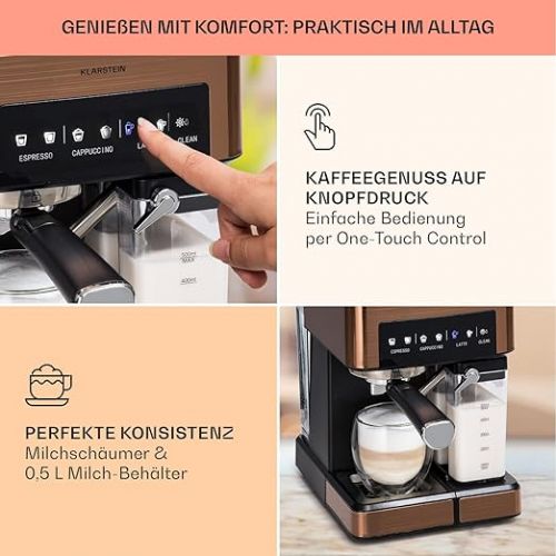  Klarstein Espresso Portafilter Machine with Milk Frother, 1.8 L Mini Espresso Machine with Portafilter, 20 Bar Stainless Steel Coffee Machine, Small, 0.5 L Milk Tank, 1350 W Coffee Machine for Ground