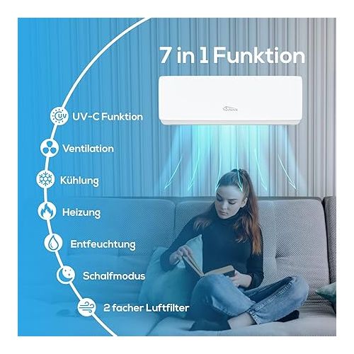  Tronitechnik® Reykir Split Air Conditioning Inverter Splitter Device with UVC Air Sterilisation, Cooling Heating Ventilation Dehumidification, Remote Control, WiFi App Control (9000 BTU) Includes