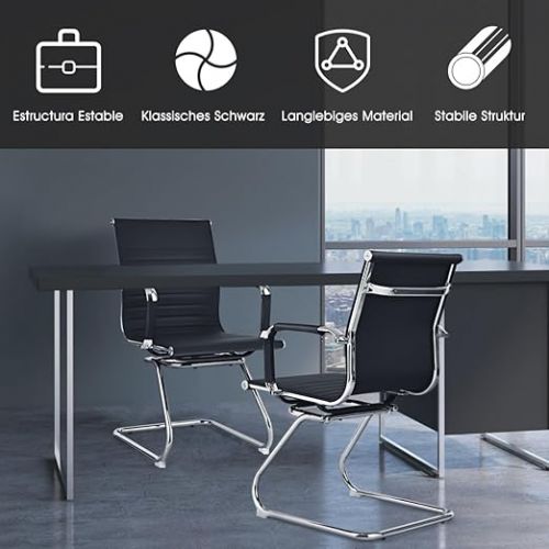  COSTWAY Set of 2 Office Chairs with Backrest, Ergonomic PU Leather Desk Chairs with Blade Frame & Protective Armrests, Conference Chair, Computer Chair, Maximum Load 120 kg for Home, Office