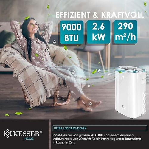  KESSER® Air Conditioning Mobile Air Conditioner 4-in-1 Cooling, Dehumidifier, Ventilation, Fan - 9000 BTU/h (2,600 Watt) 2.7 KW - Climate, Remote Control and Timer, Night Module, White